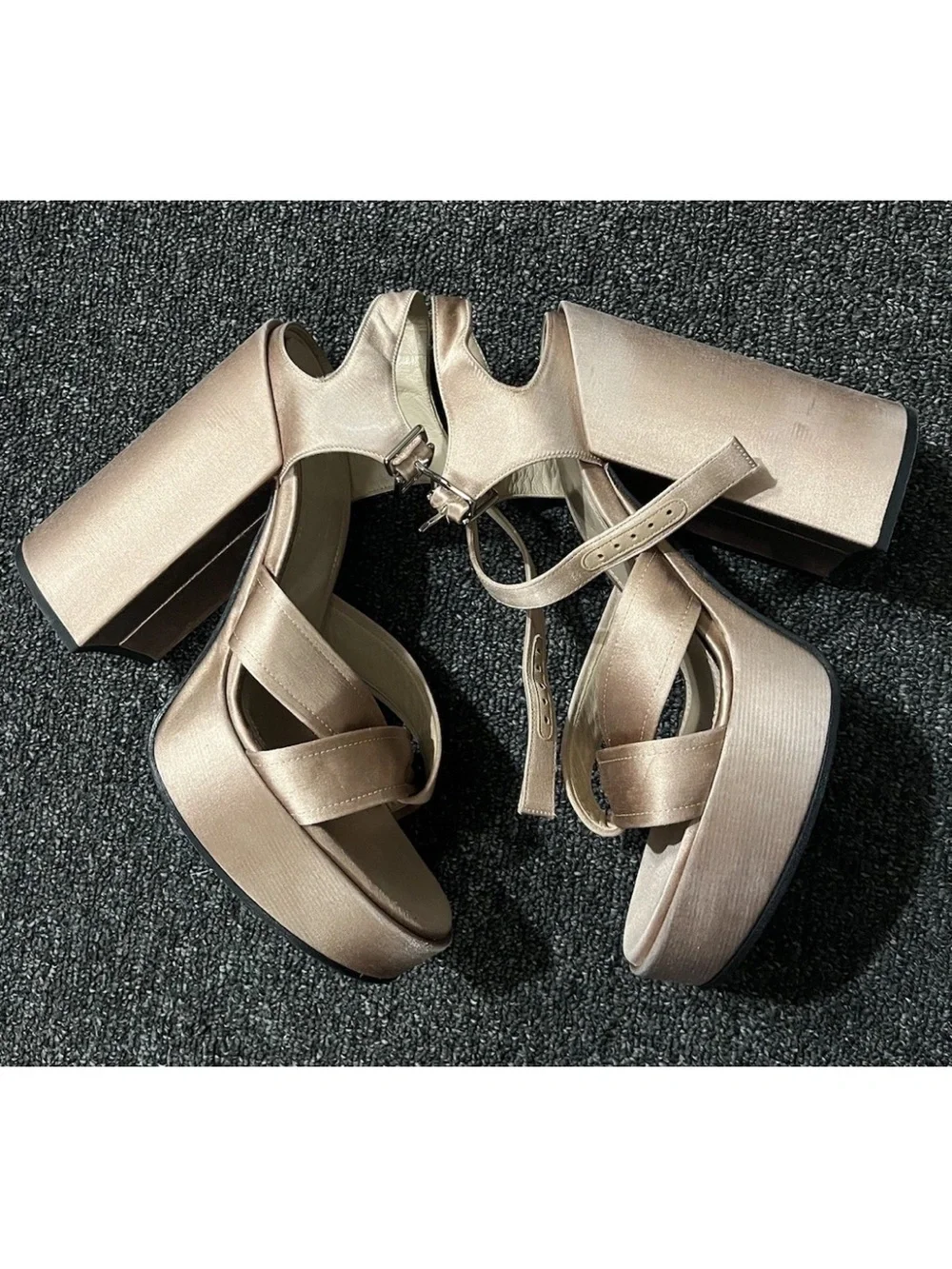 Jil Sander Champagne Satin Platform Sandals Ankle Strap 38.5 US 8